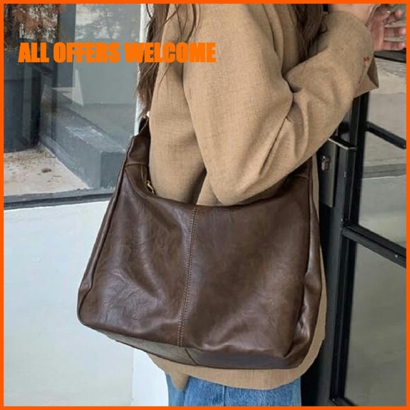 Foldable Vegan Leather Hobo Tote Shoulder Bag 13" Slouchy Purse - Picture 4 of 8